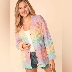 LAVENDER PINK & YELLOW RAINBOW MULTI OMBRE BUTTON DOWN CABLE KNIT CARDIGAN